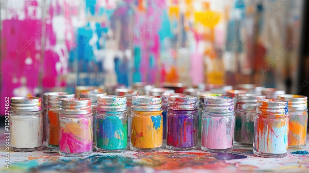 Aufkleber colorful collection of open paint jars surrounded by artistic background with abstract patterns and 