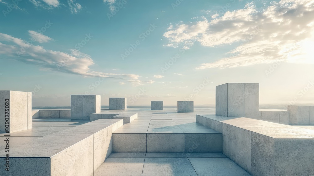 Poster abstract architectural landscape with geometric shapes under a bright sky and soft clouds in a minim