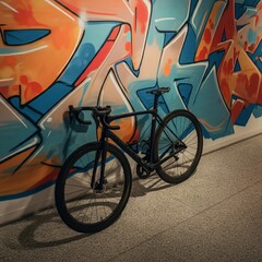 Obraz premium High-angle view of a stylish bicycle parked beside a graffiti-covered wall