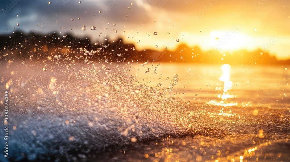 Poster captivating sunset reflections on water with splashes and raindrops creating a magical atmosphere at