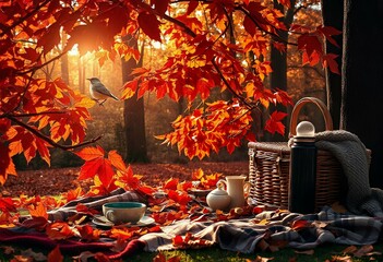 A picnic mat with a basket and A bird rests on a tree branch of food and cup of drinks,tee,coffey under a tree with color full leaves outdoor gatherings and fall celebrations (21)