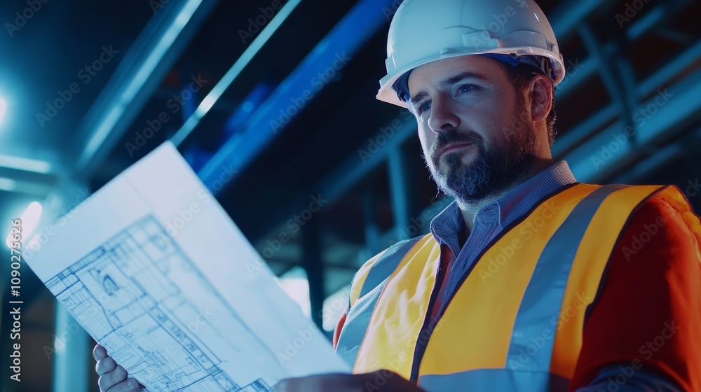 Poster a close-up portrait of a structural engineer in a hard hat and reflective vest, holding a blueprint 