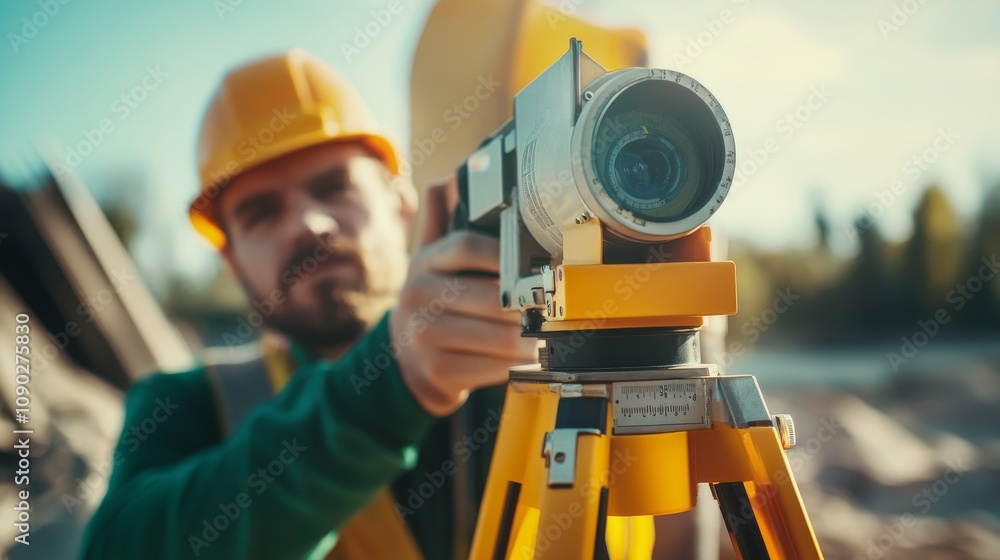 Poster a close-up portrait of a surveyor using a theodolite to measure angles on a construction site, surve