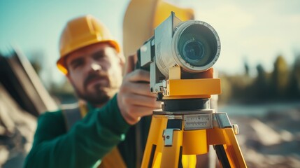 A close-up portrait of a surveyor using a theodolite to measure angles on a construction site, Surveying scene, Technical and precise style