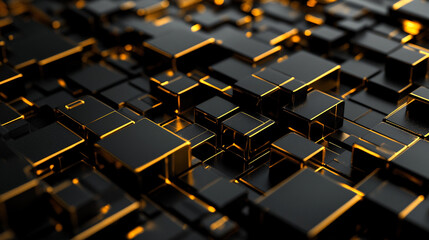 Obraz premium Abstract grid of black and gold cubes reflecting light in modern design