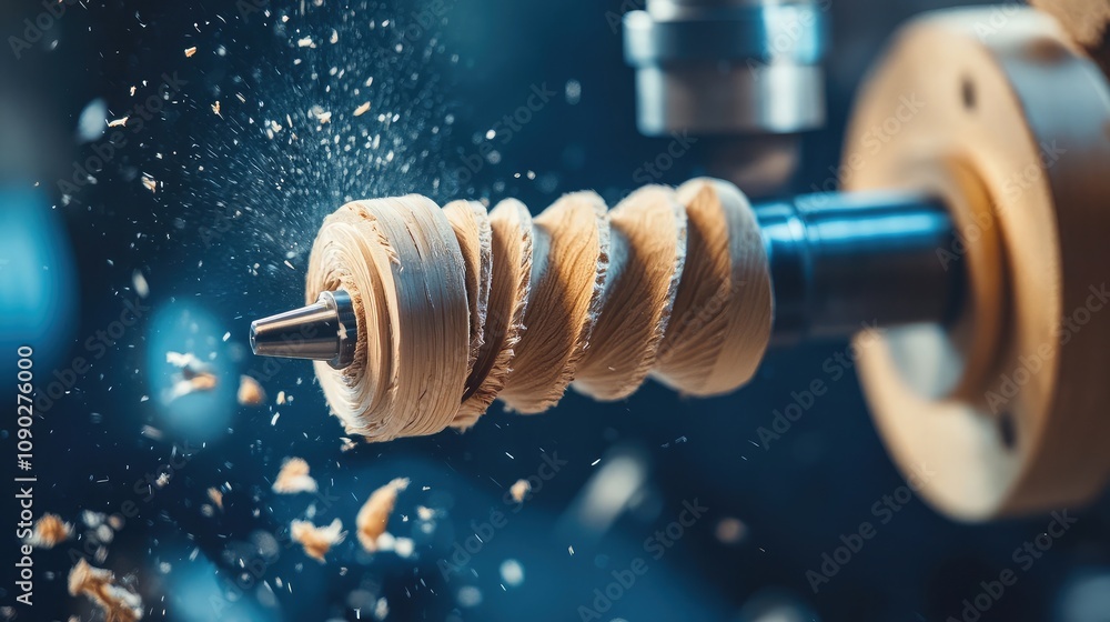 Aufkleber close-up of a rotating wood drill bit creating shavings with dust and sparks, capturing the craftsma
