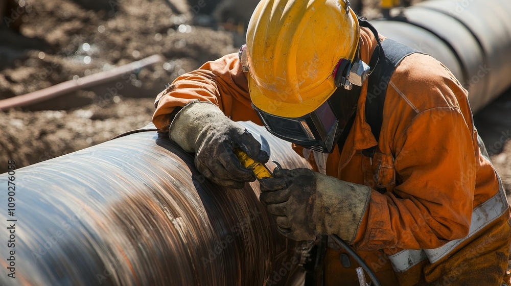 Poster a close-up portrait of a welding inspector examining weld seams on a pipeline at a construction site