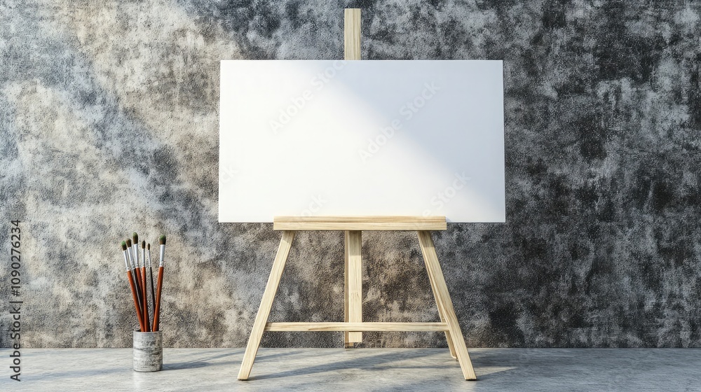 Aufkleber blank canvas on wooden easel with art brushes in container against textured gray background for crea