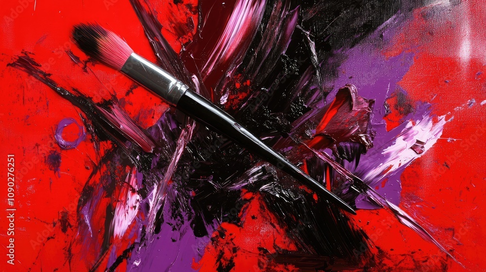 Poster vibrant abstract art composition featuring a paint brush on bold red background with dynamic swirls 