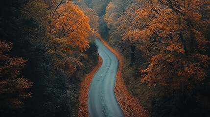 Curved road surrounded by vibrant autumn trees in a serene forest