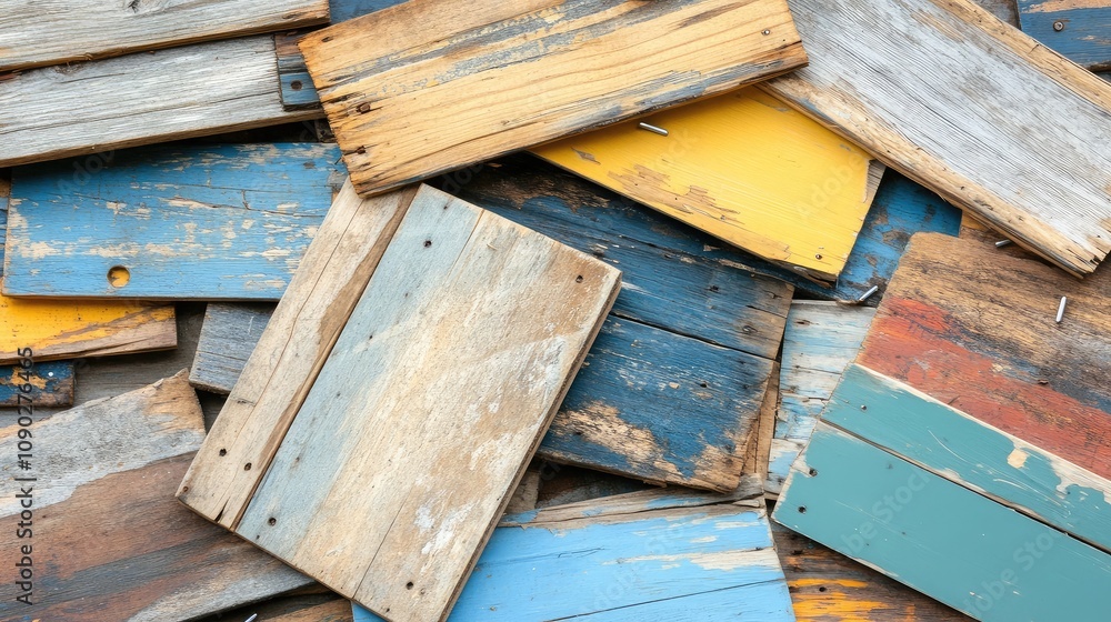 Poster Colorful Assorted Wooden Planks Stacked Together in a Random Pattern Creating a Rustic and Texture-Rich Background Image for Various Creative Projects