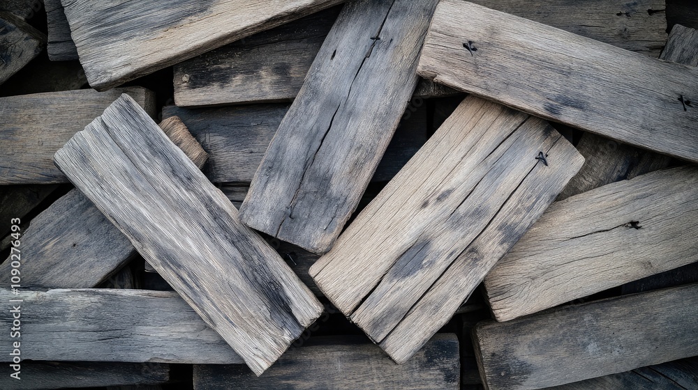 Poster weathered wooden planks arranged randomly, showcasing rustic textures and natural patterns suitable 