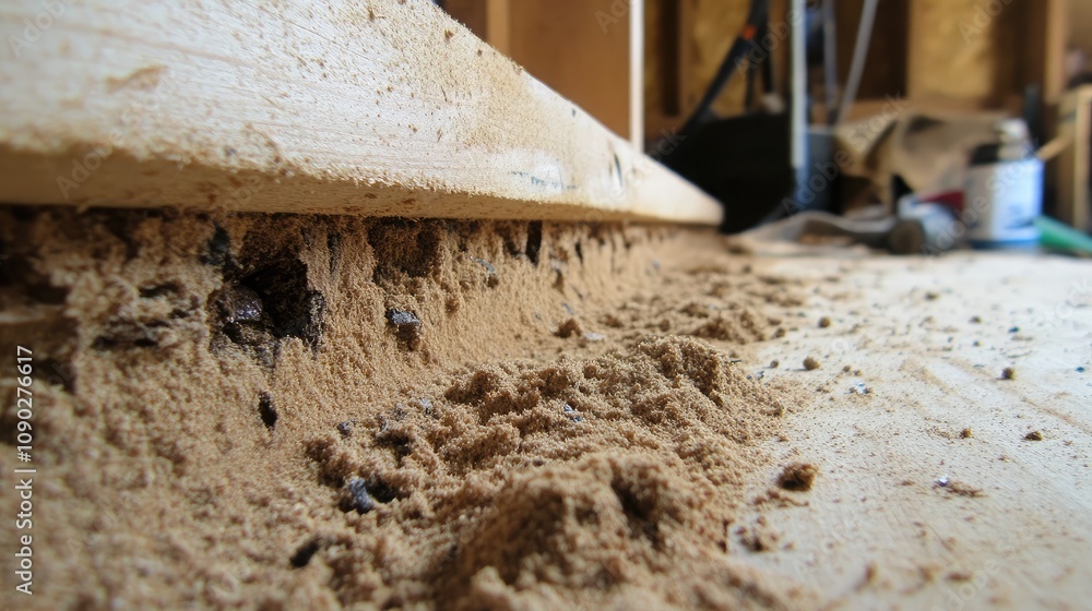 Poster close-up view of wood shavings and dust accumulated on a workshop floor, highlighting the texture an