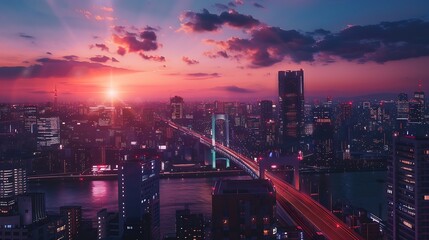 A bustling city skyline with a sleek bridge illuminated at sunset