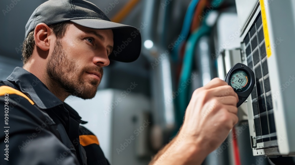 Aufkleber a close-up portrait of an hvac technician in a uniform and cap, checking the settings on a digital t