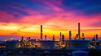 Fototapeta premium Industrial landscape at sunset, showcasing refineries and storage tanks illuminated by twilight.