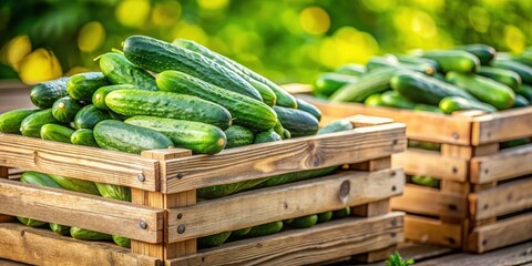 Freshly harvested ripe cucumbers in rustic wooden crates for sustainable farming presentations