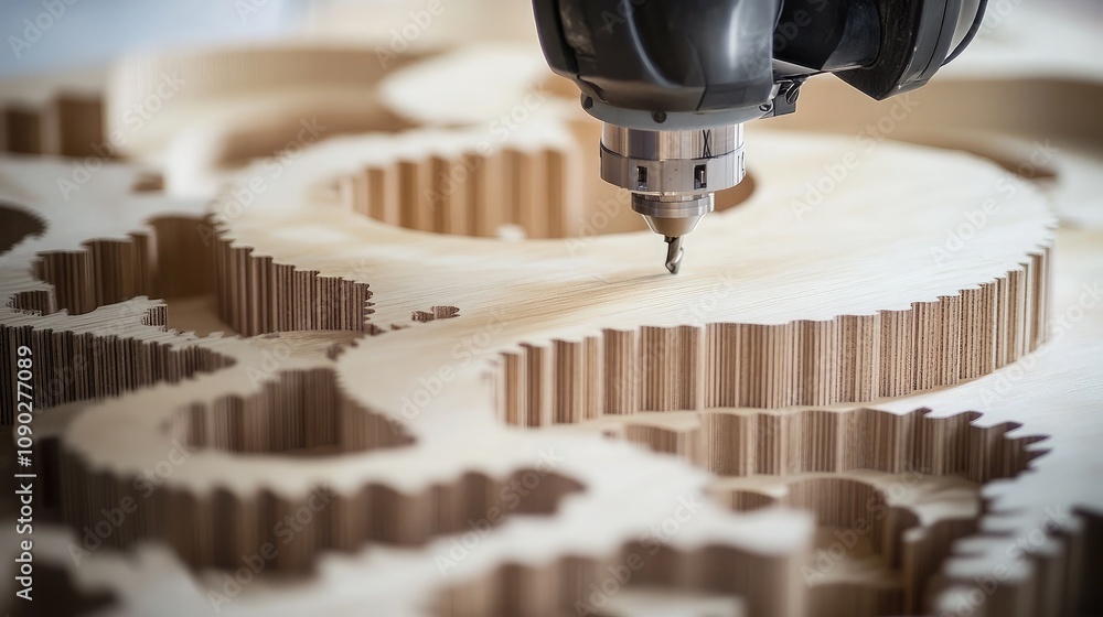 Aufkleber intricate close-up of cnc router carving detailed patterns into plywood sheets, showcasing precision
