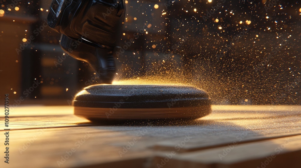 Poster close-up view of a polishing tool in action creating dust and sparkles on a wooden surface in a work