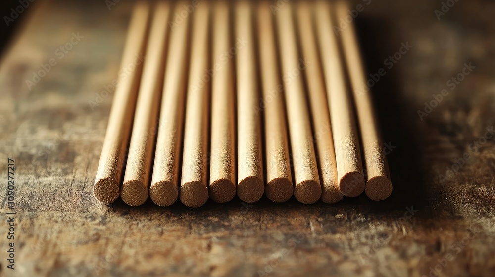 Poster close-up of smooth wooden dowels lying on rustic wooden table with natural grain patterns, perfect f