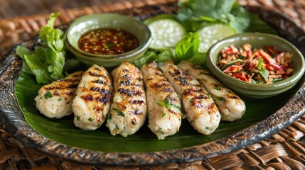 Grilled Chicken Skewers Served with Fresh Herbs and Dipping Sauce on a Decorative Platter with Cucumbers and Garnishes for a Vibrant Culinary Experience