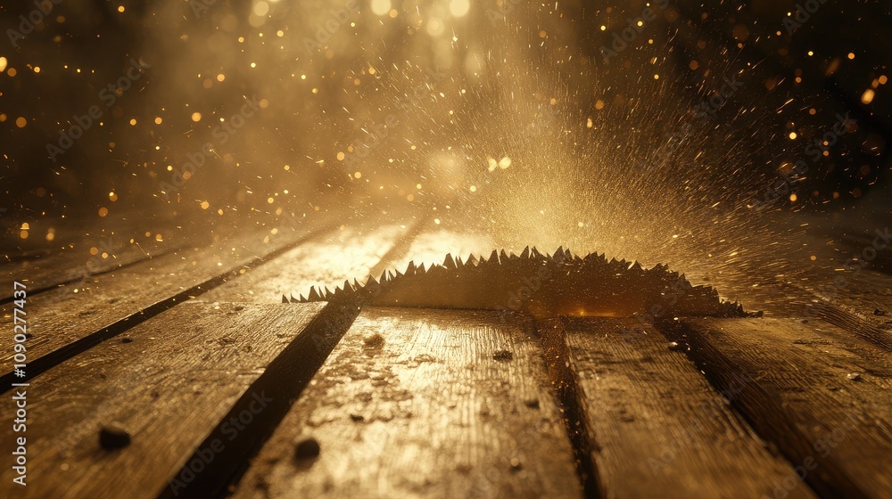Poster close-up view of wood shavings and dust created by power tools highlighting the intricacies of carpe