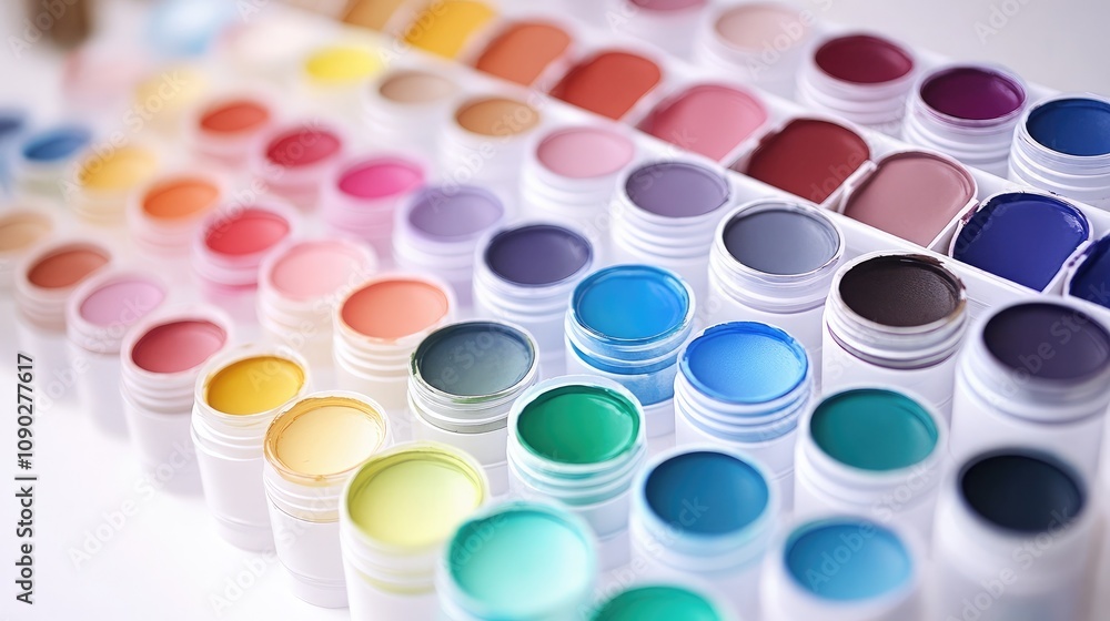 Aufkleber vibrant array of colorful paint jars arranged neatly in a row displaying various shades for creative