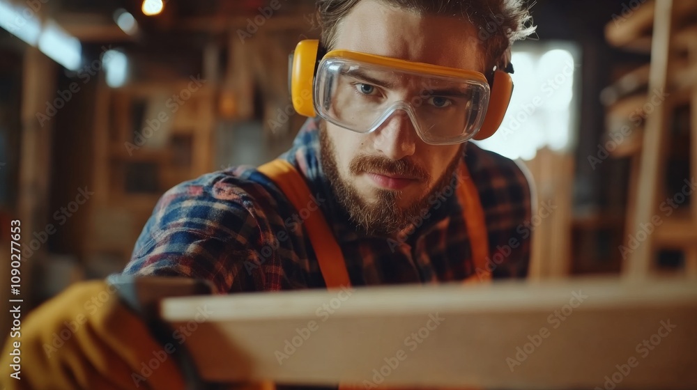 Poster a close-up shot of a carpenter in safety goggles and gloves, holding a saw and looking directly at t