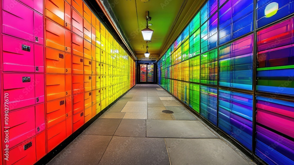 Aufkleber vibrant colorful pathway surrounded by brightly painted mailboxes creating a stunning visual contras