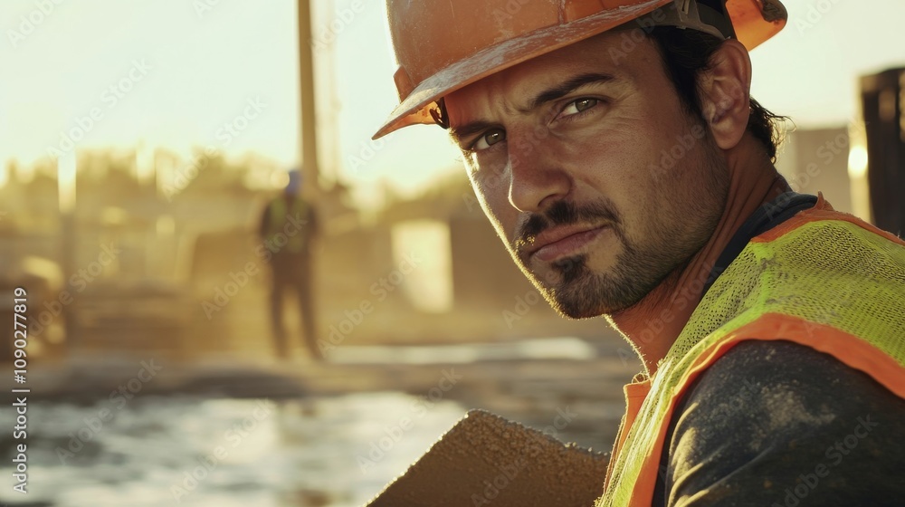 Poster a close-up shot of a concrete worker in a hard hat and safety vest, holding a trowel and looking dir