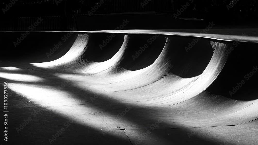 Poster ethereal shadows over skateboard ramp in urban park setting creating a unique black and white contra