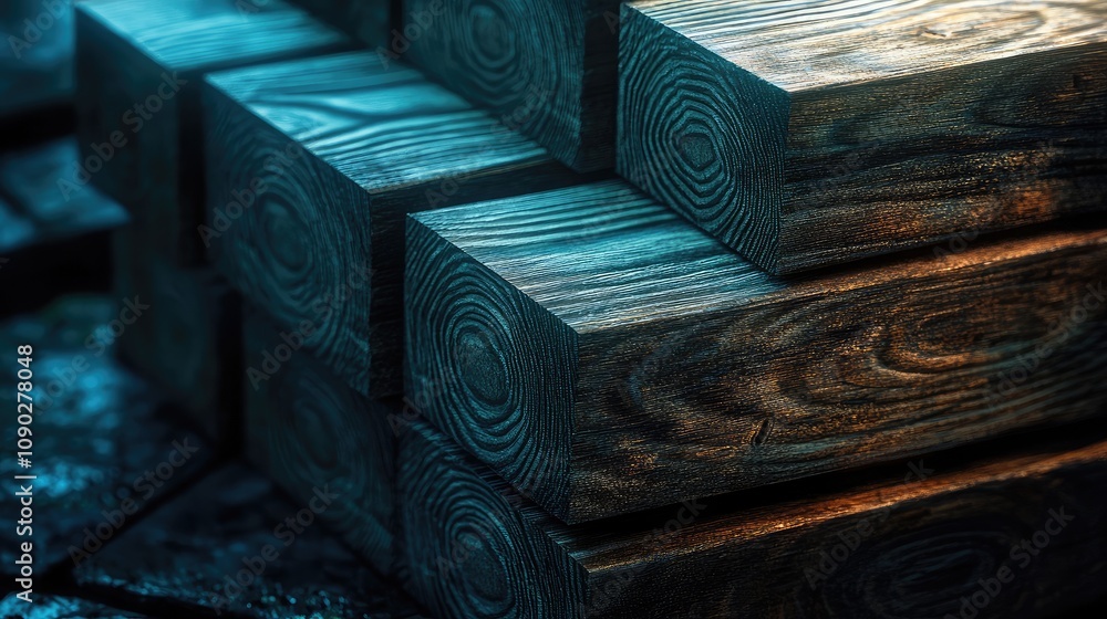 Poster close-up view of stacked wooden planks showcasing grain patterns and textures in a well-lit setting,