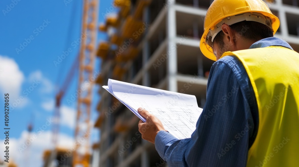 Poster A close-up shot of a construction foreman giving instructions, with a blueprint in hand and a half-built structure in the background, Construction site scene