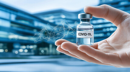 hand holds COVID 19 vaccine vial, symbolizing hope and health