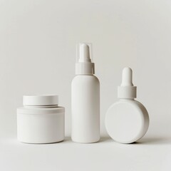 Three White Unbranded Cosmetic Bottles on a White Background.