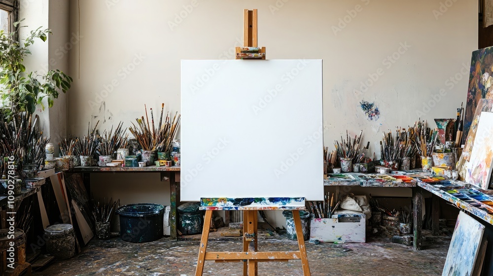 Aufkleber spacious artist studio with empty canvas on easel surrounded by colorful brushes and paints ready fo