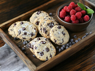 Keto chocolate chip cookies on a wooden tray with sugar dusting and fresh raspberries, emphasizing natural textures and rustic presentation.