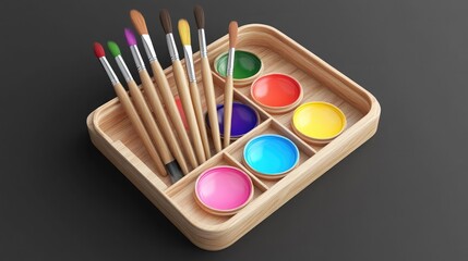 Naklejka premium Colorful Art Supplies on Wooden Tray Featuring Brushes and Paints for Creative Projects and Artistic Exploration in Bright Hues and Vibrant Colors