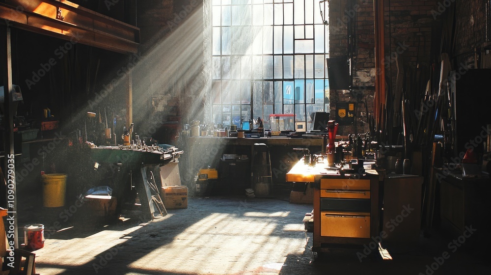 Poster sunlight streaming through window in an industrial workshop, illuminating tools and workbenches with