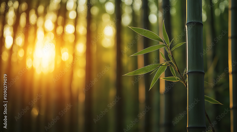 Poster bamboo forest with sunlight creating serene atmosphere