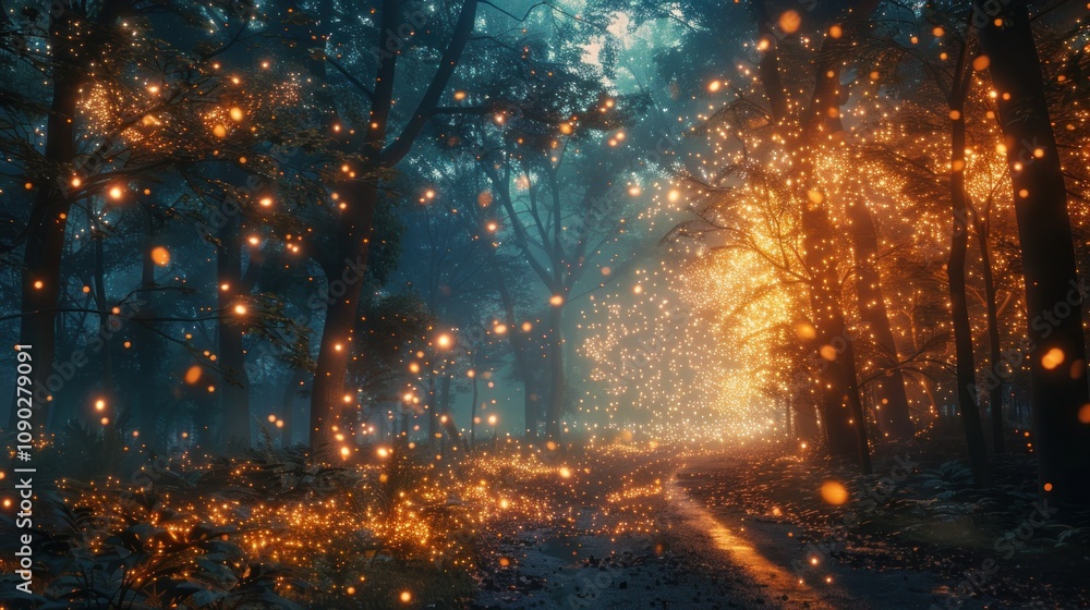 Poster a magical forest path illuminated by glowing fireflies and surrounded by dense trees with a soft eth