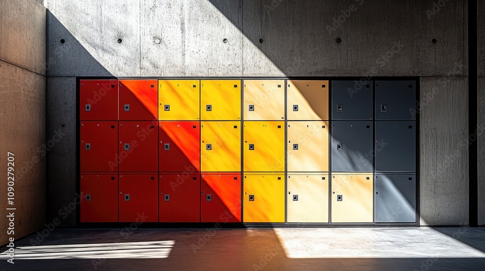 Aufkleber colorful row of modern lockers with geometric patterns and natural light streaming through window in