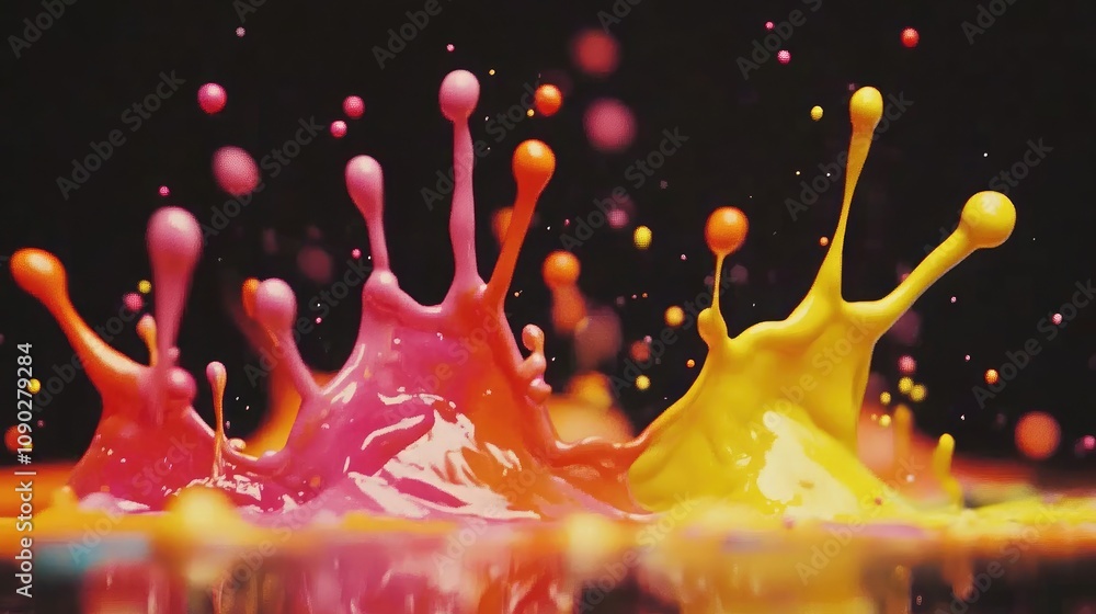 Poster vibrant splashes of paint in vivid colors against a black background capturing the dynamic motion an