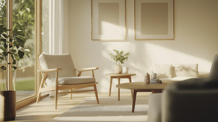 Fototapeta premium Scandinavian-inspired living room with simple wooden furniture - Bright white walls, light wood floors, comfy chairs, simple accessories