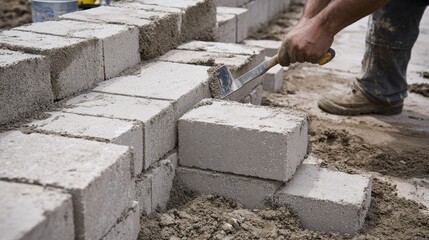 A close-up shot of a mason laying bricks, with a trowel in hand and a wall under construction in the background, Masonry site scene