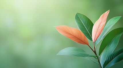 Obraz premium Nature close-up green leaves with orange tips soft background serene atmosphere natural beauty