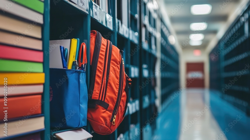 Poster vibrant backpack and stationery items on shelf in modern learning environment with colorful folders 