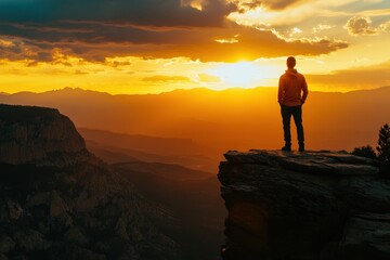 Obraz premium Man watches sunset from clifftop. Perfect for themes of adventure, solitude, and contemplation.