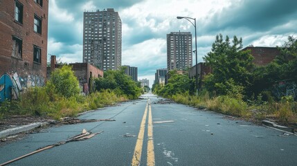 Obraz premium Abandoned urban street with overgrown vegetation and derelict buildings under a cloudy sky.