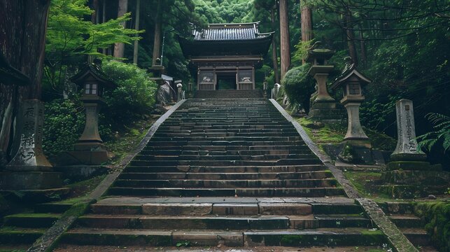Stone Steps Leading to a Japanese Shrine Through a Forest